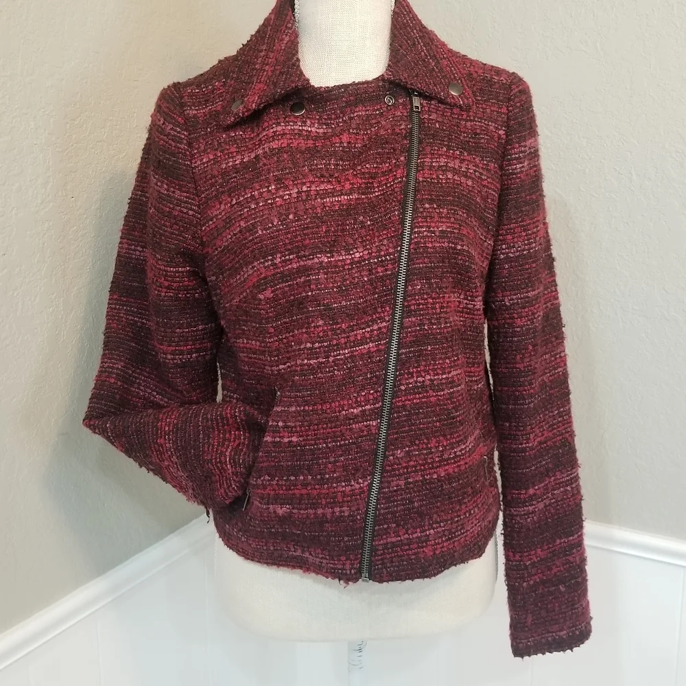 Dana Buchman Chili Pepper Red Moto Full Diagonal Tweed Jacket